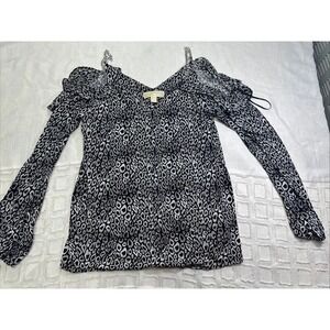 Michael Kors Shirt Womens  Med Black Chain Print Casual Chain Cold Shoulder